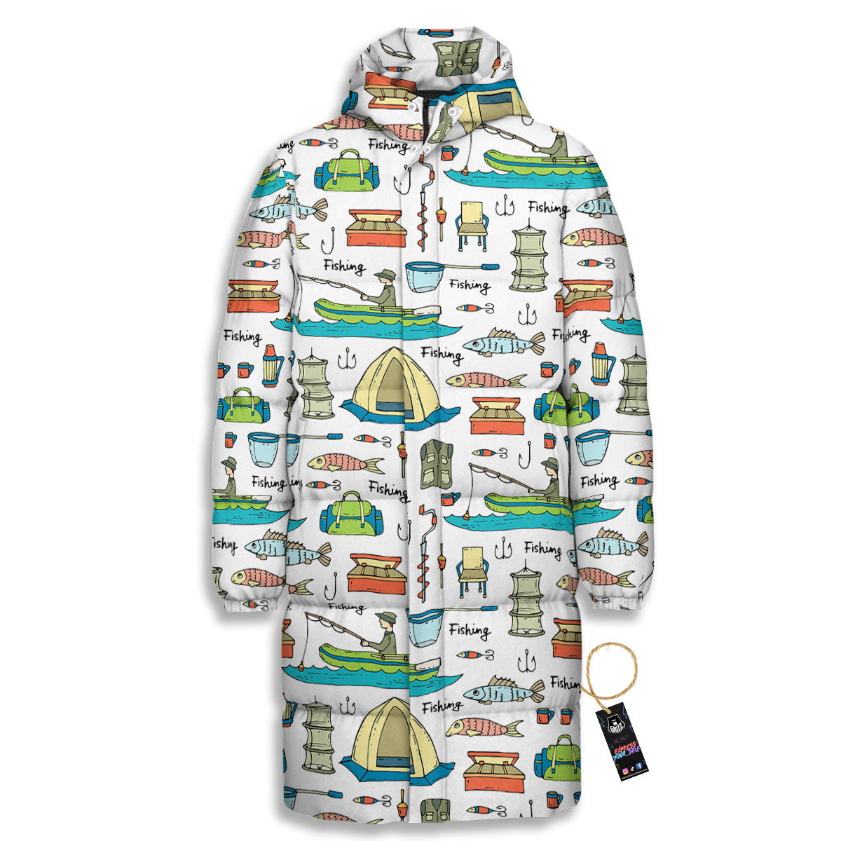 Equipment Fishing Print Pattern Long Down Jacket-grizzshop
