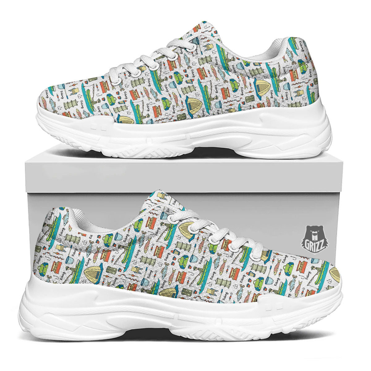 Equipment Fishing Print Pattern White Chunky Shoes-grizzshop
