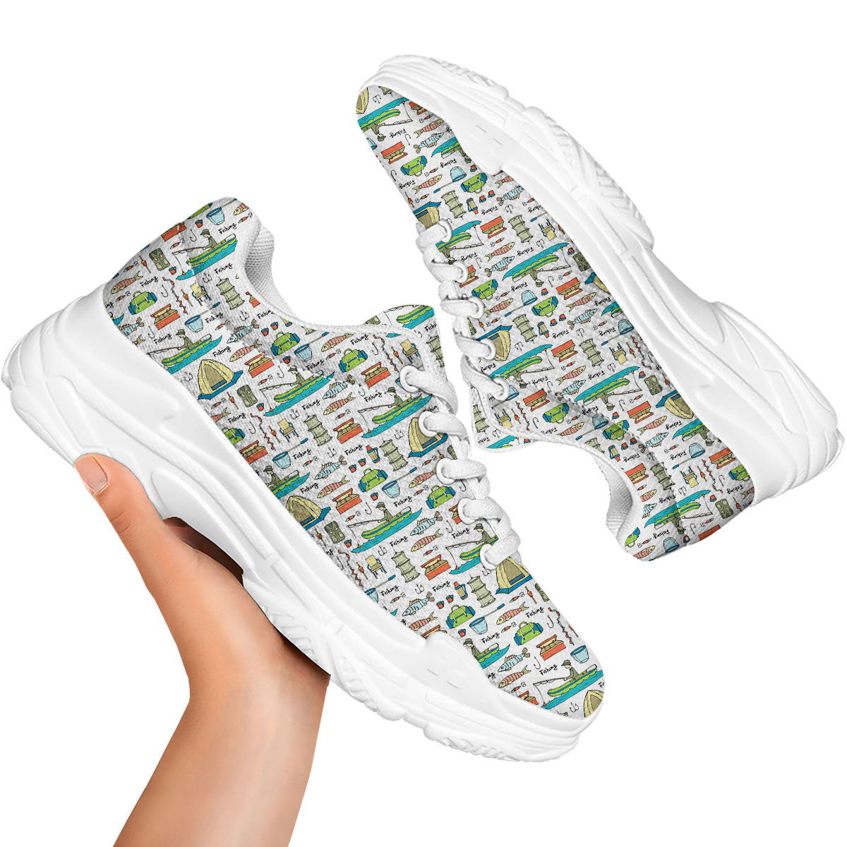 Equipment Fishing Print Pattern White Chunky Shoes-grizzshop