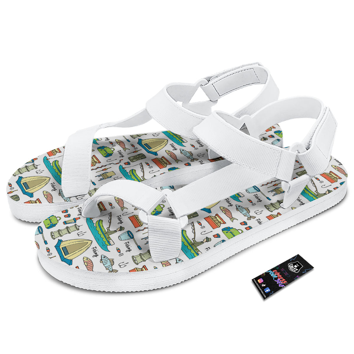 Equipment Fishing Print Pattern White Open Toe Sandals-grizzshop