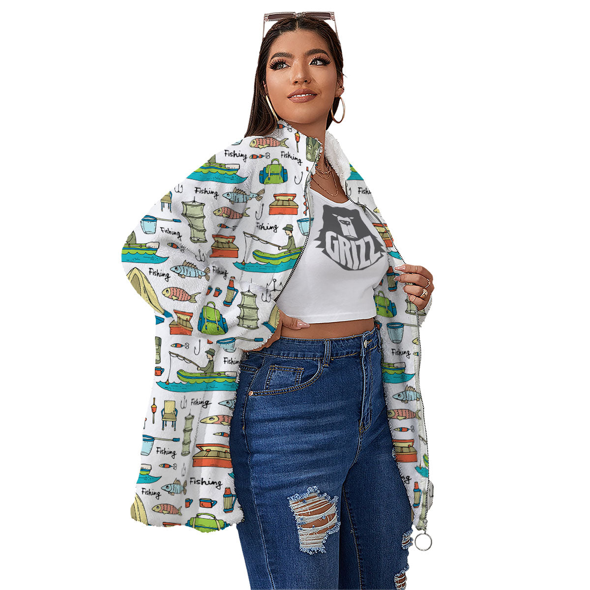 Equipment Fishing Print Pattern Women's Sherpa Jacket-grizzshop