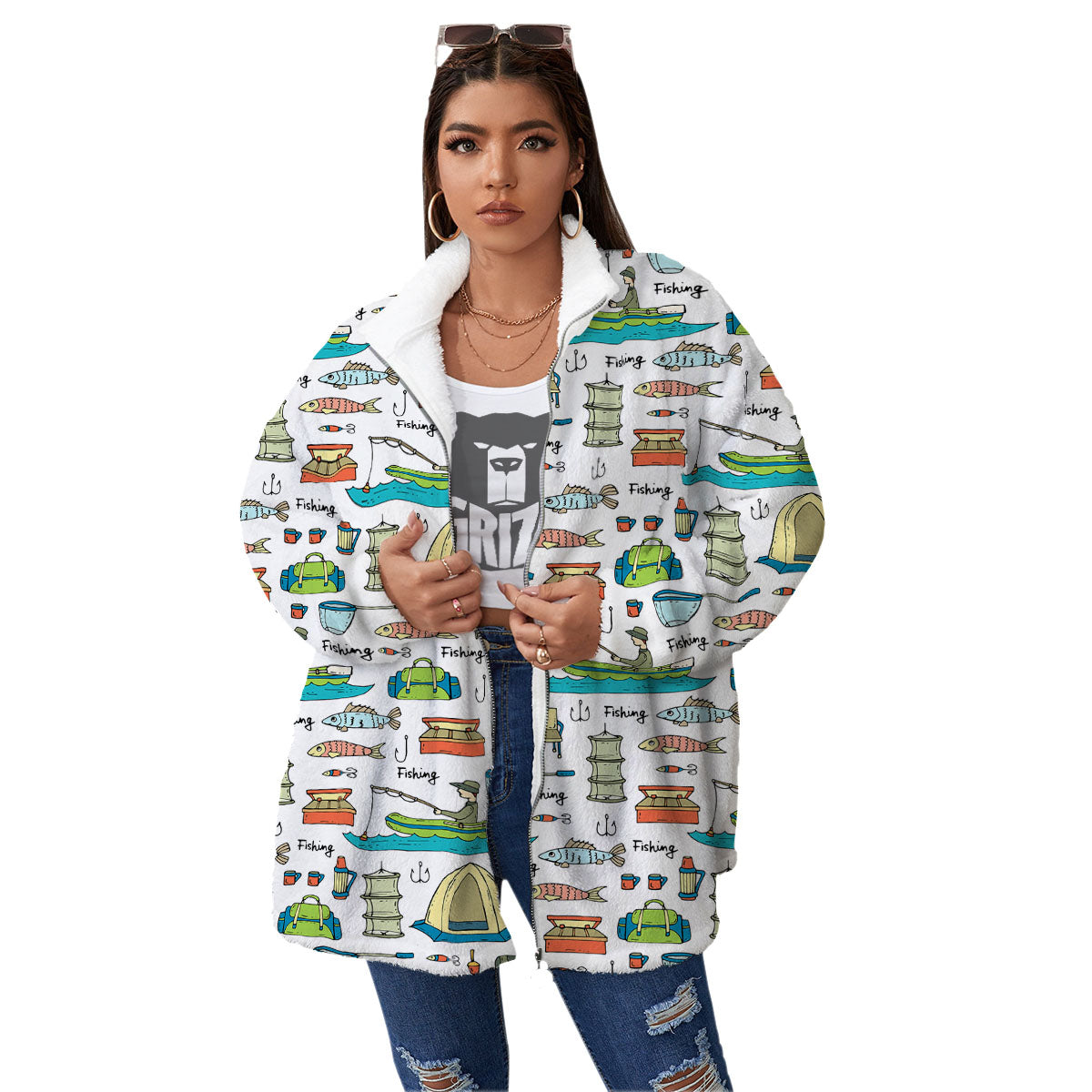 Equipment Fishing Print Pattern Women's Sherpa Jacket-grizzshop