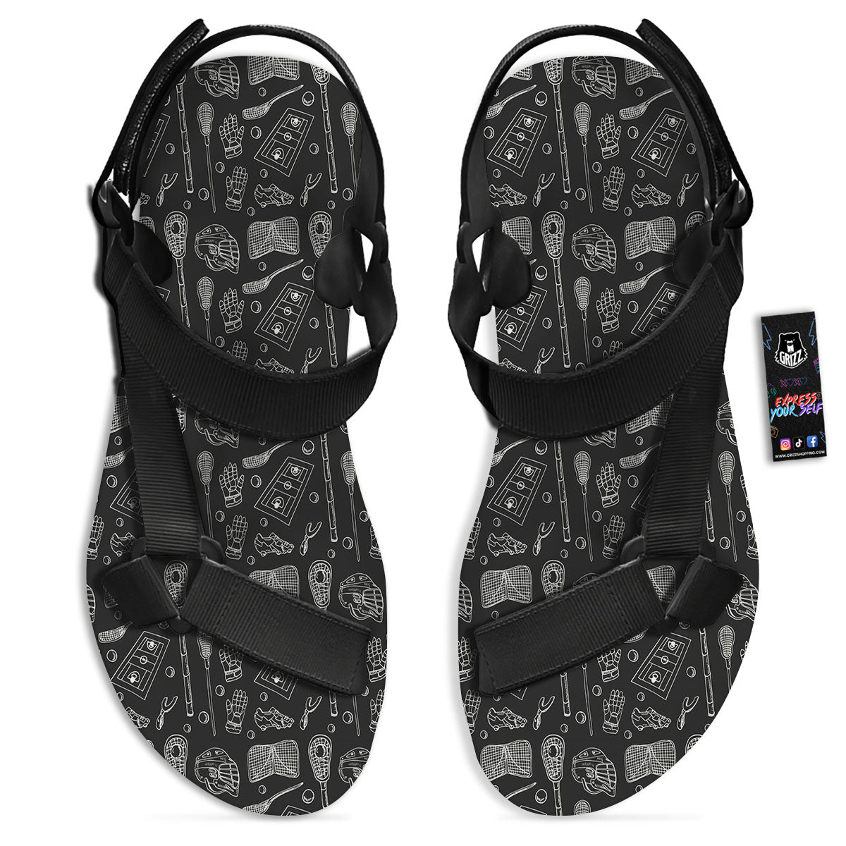 Equipment Lacrosse Print Pattern Black Open Toe Sandals-grizzshop