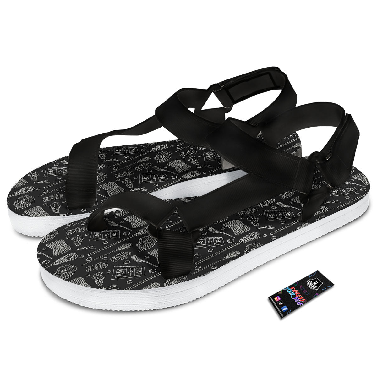 Equipment Lacrosse Print Pattern Black Open Toe Sandals-grizzshop