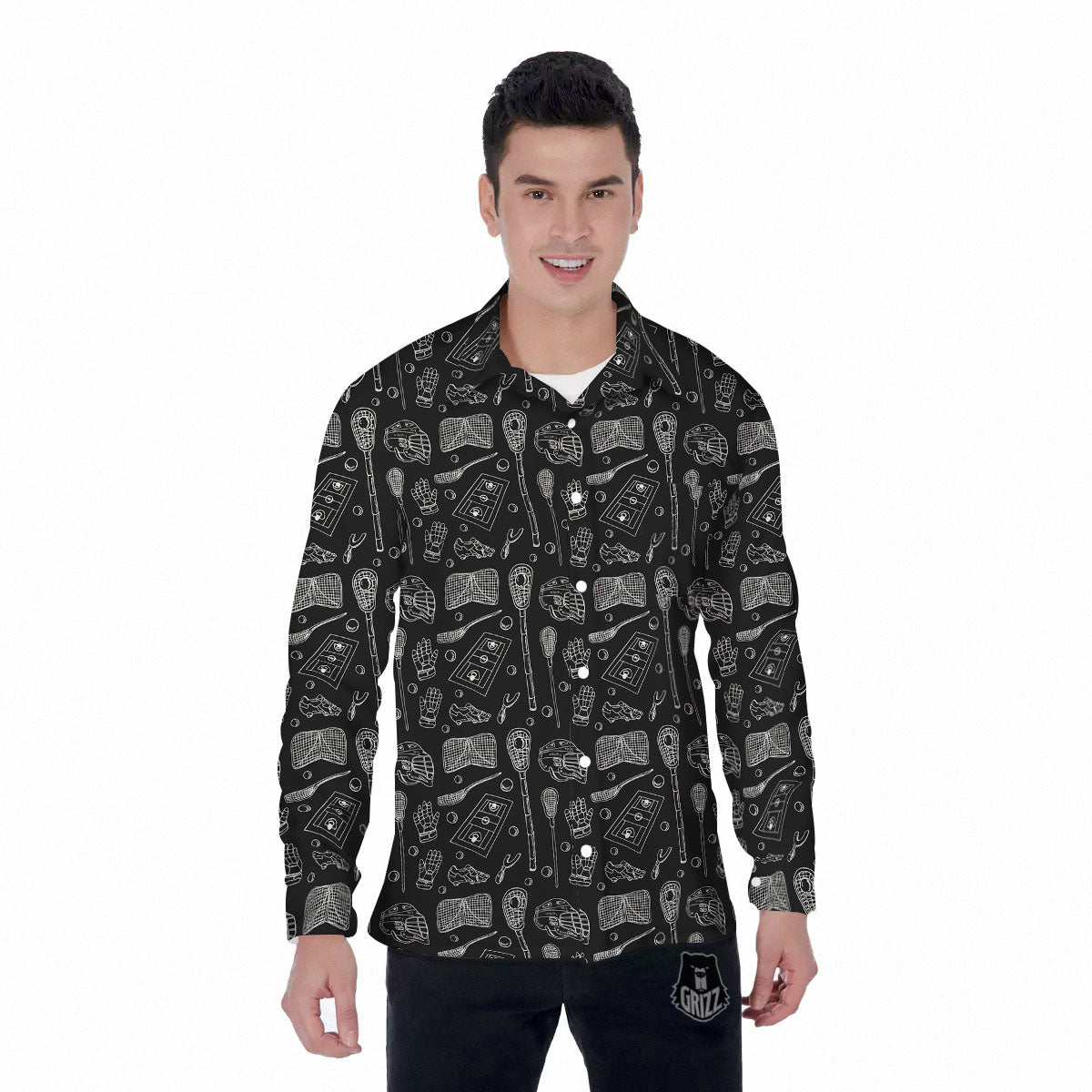 Equipment Lacrosse Print Pattern Men's Long Sleeve Shirts-grizzshop