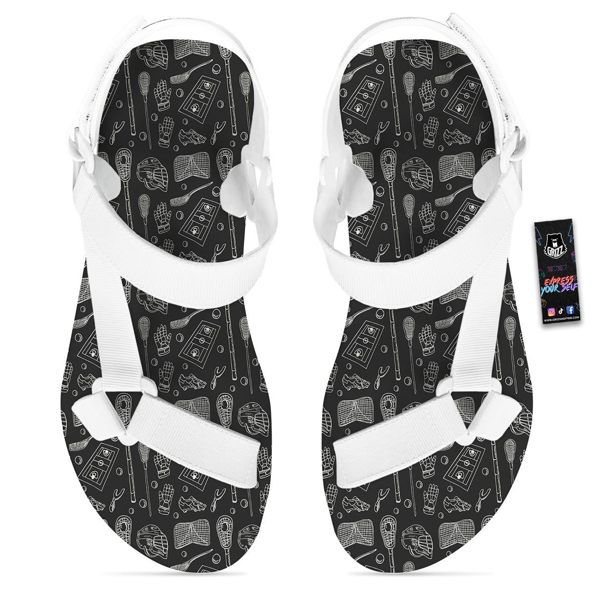 Equipment Lacrosse Print Pattern White Open Toe Sandals-grizzshop
