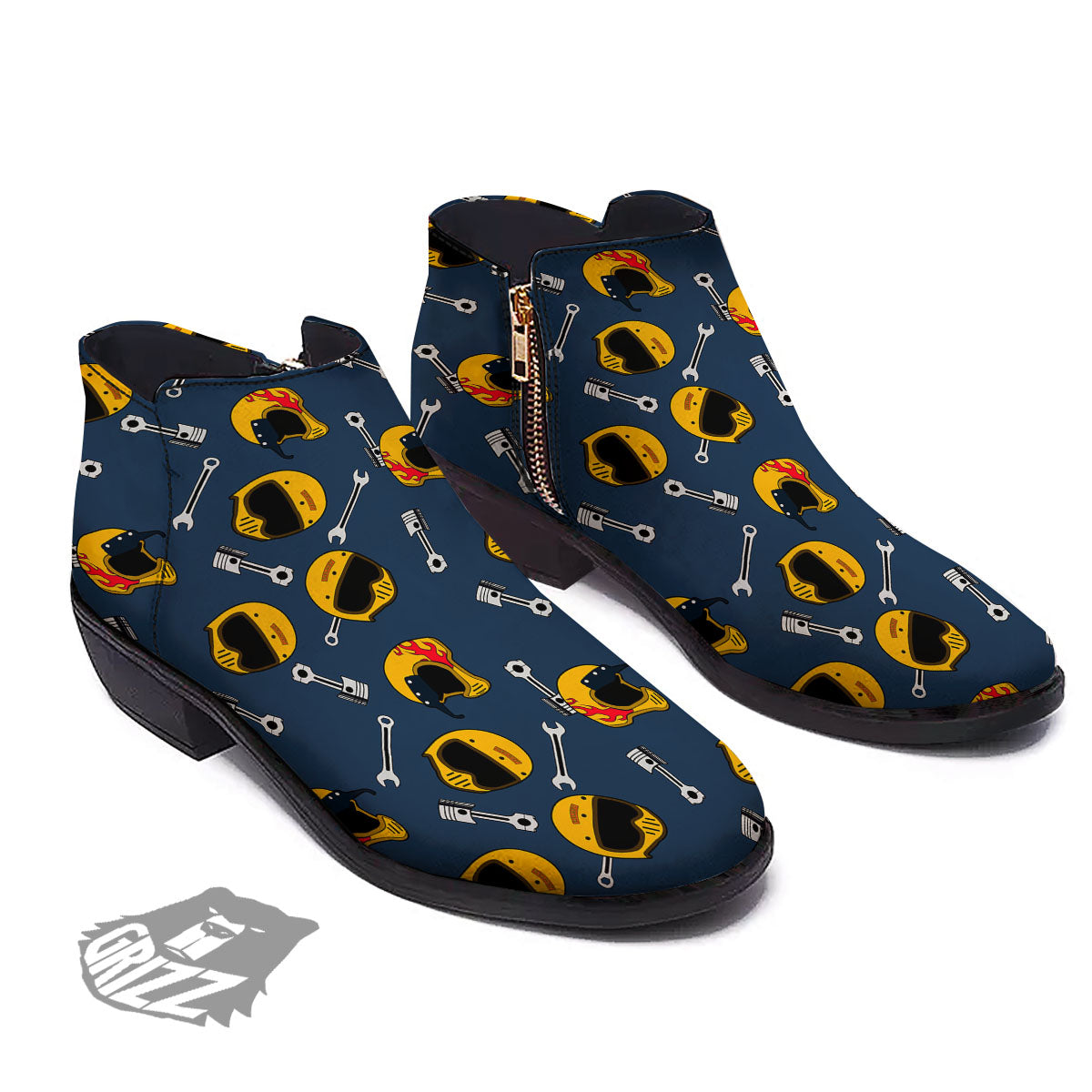 Equipment Motorcycle Print Pattern Ankle Boots-grizzshop