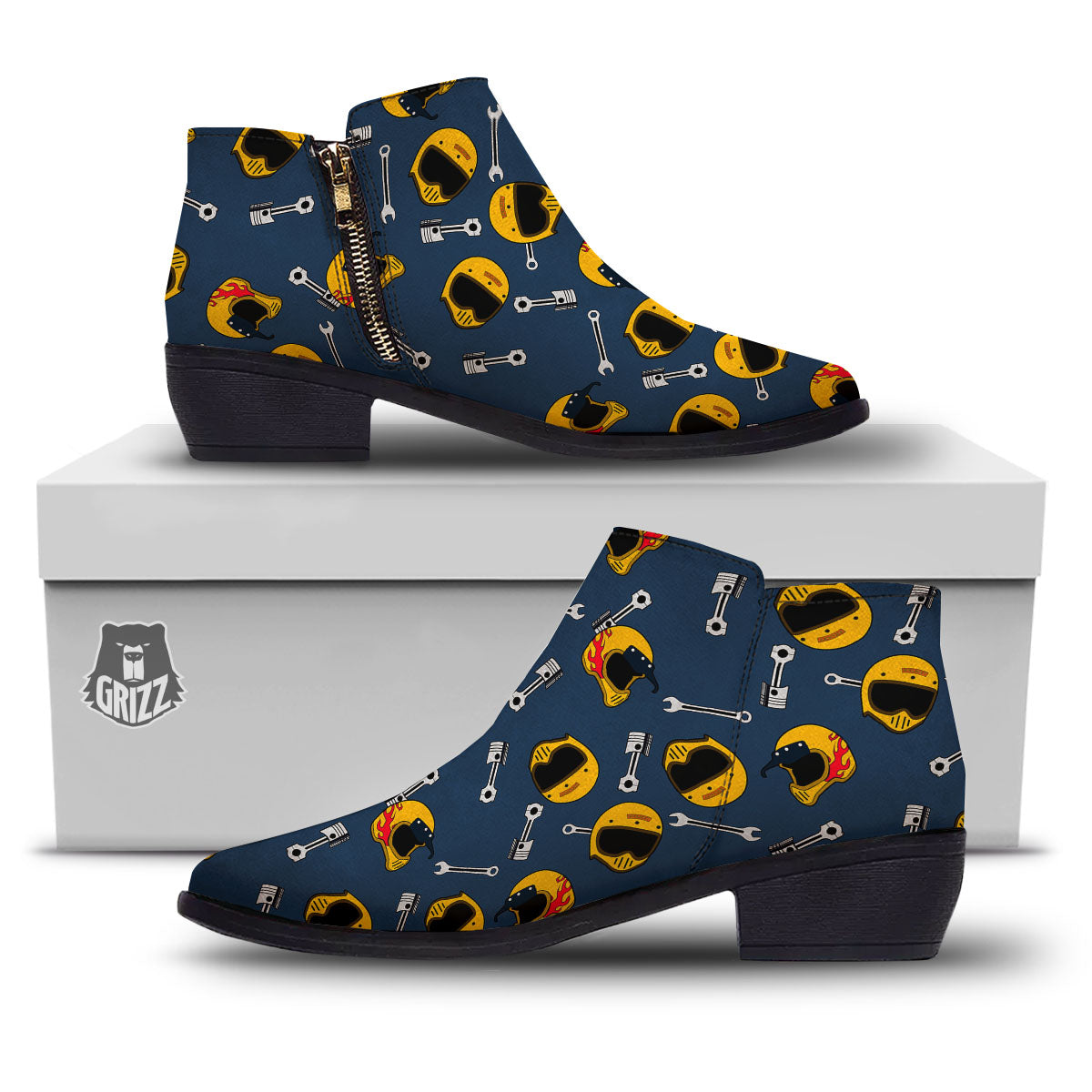 Equipment Motorcycle Print Pattern Ankle Boots-grizzshop