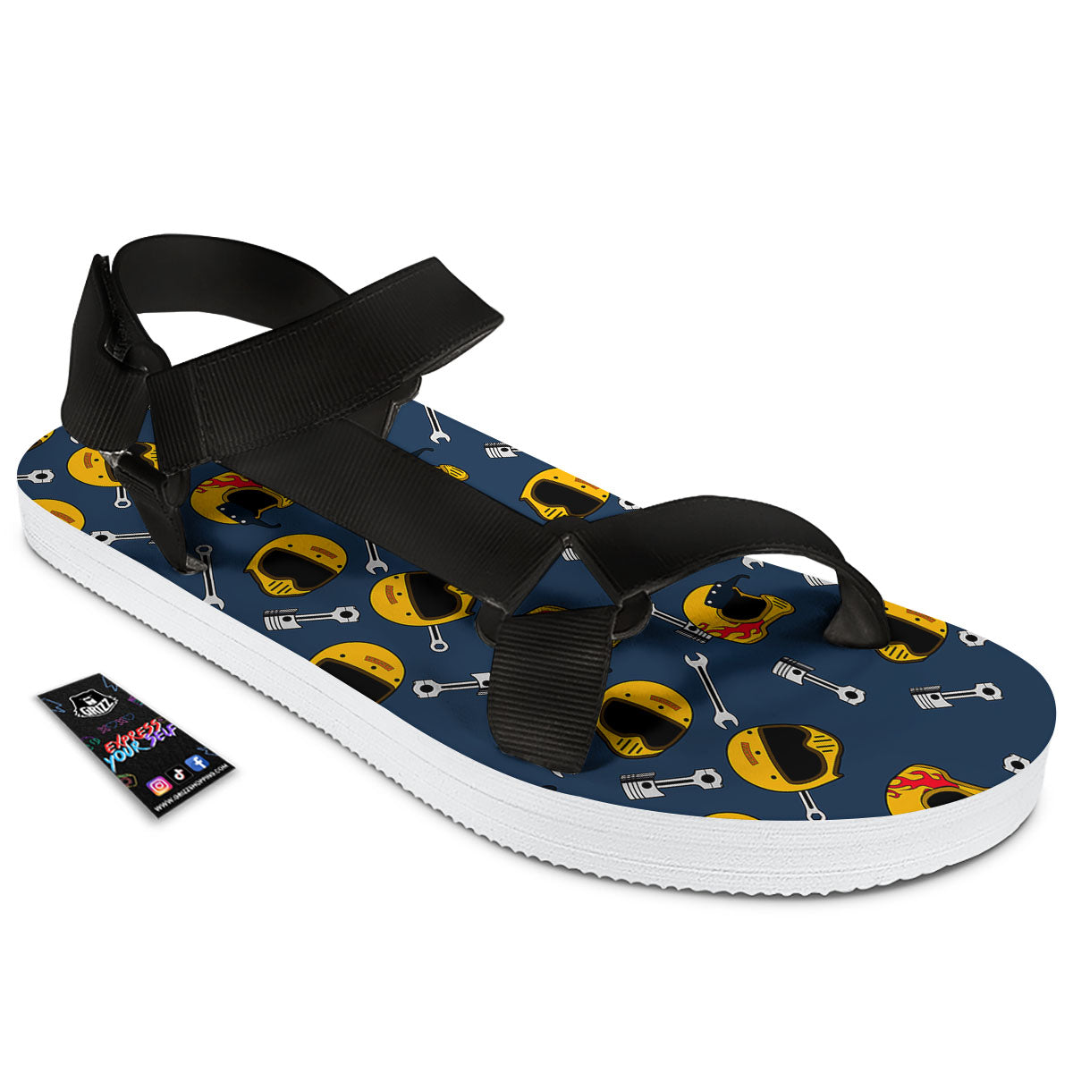 Equipment Motorcycle Print Pattern Black Open Toe Sandals-grizzshop