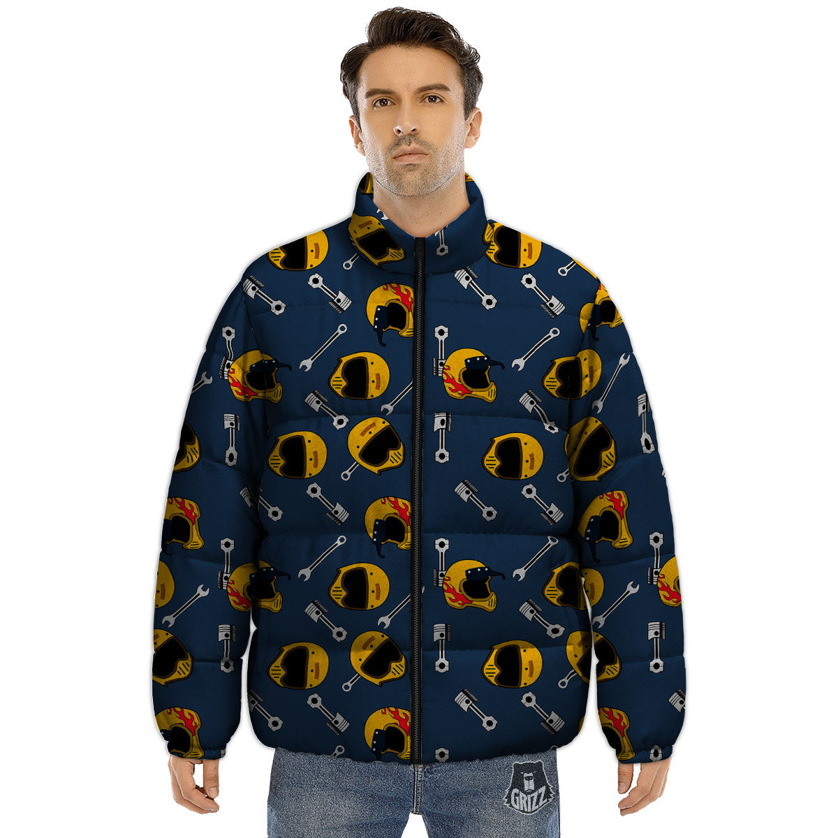 Equipment Motorcycle Print Pattern Puffer Jacket-grizzshop