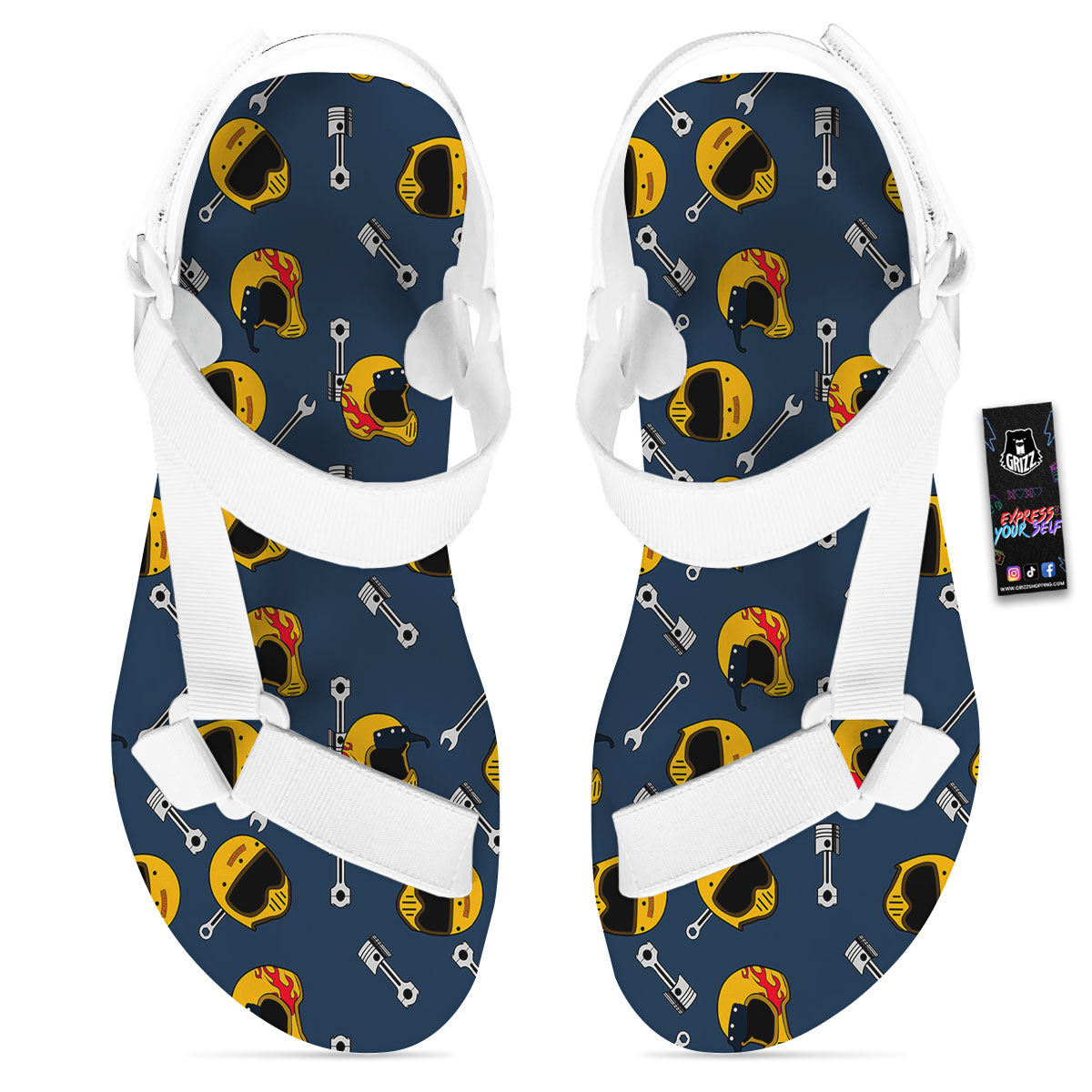 Equipment Motorcycle Print Pattern White Open Toe Sandals-grizzshop
