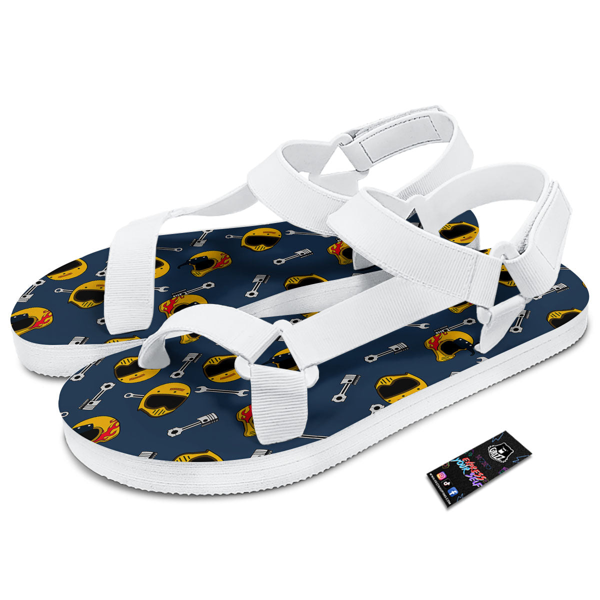 Equipment Motorcycle Print Pattern White Open Toe Sandals-grizzshop
