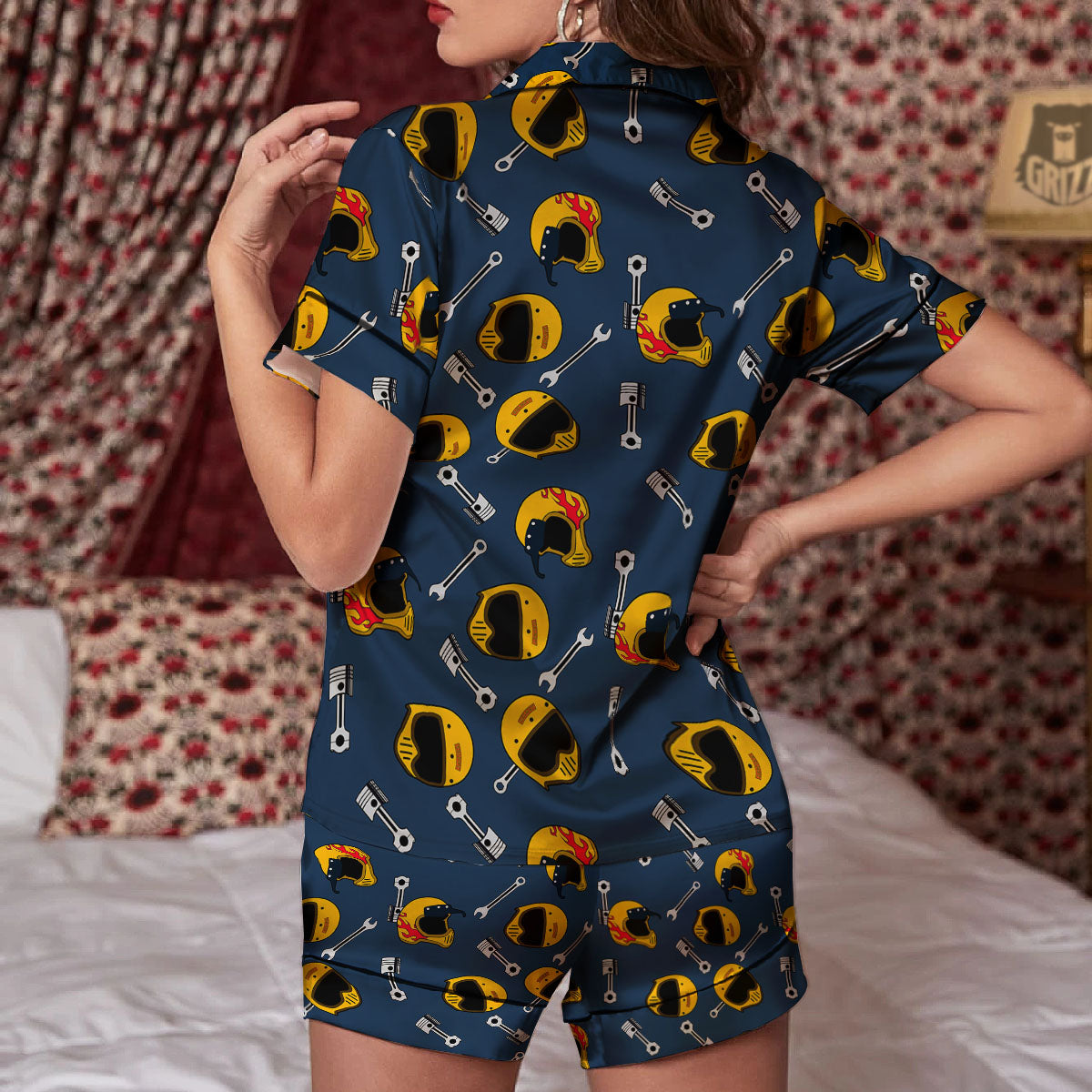 Equipment Motorcycle Print Pattern Women Silk Pajamas-grizzshop