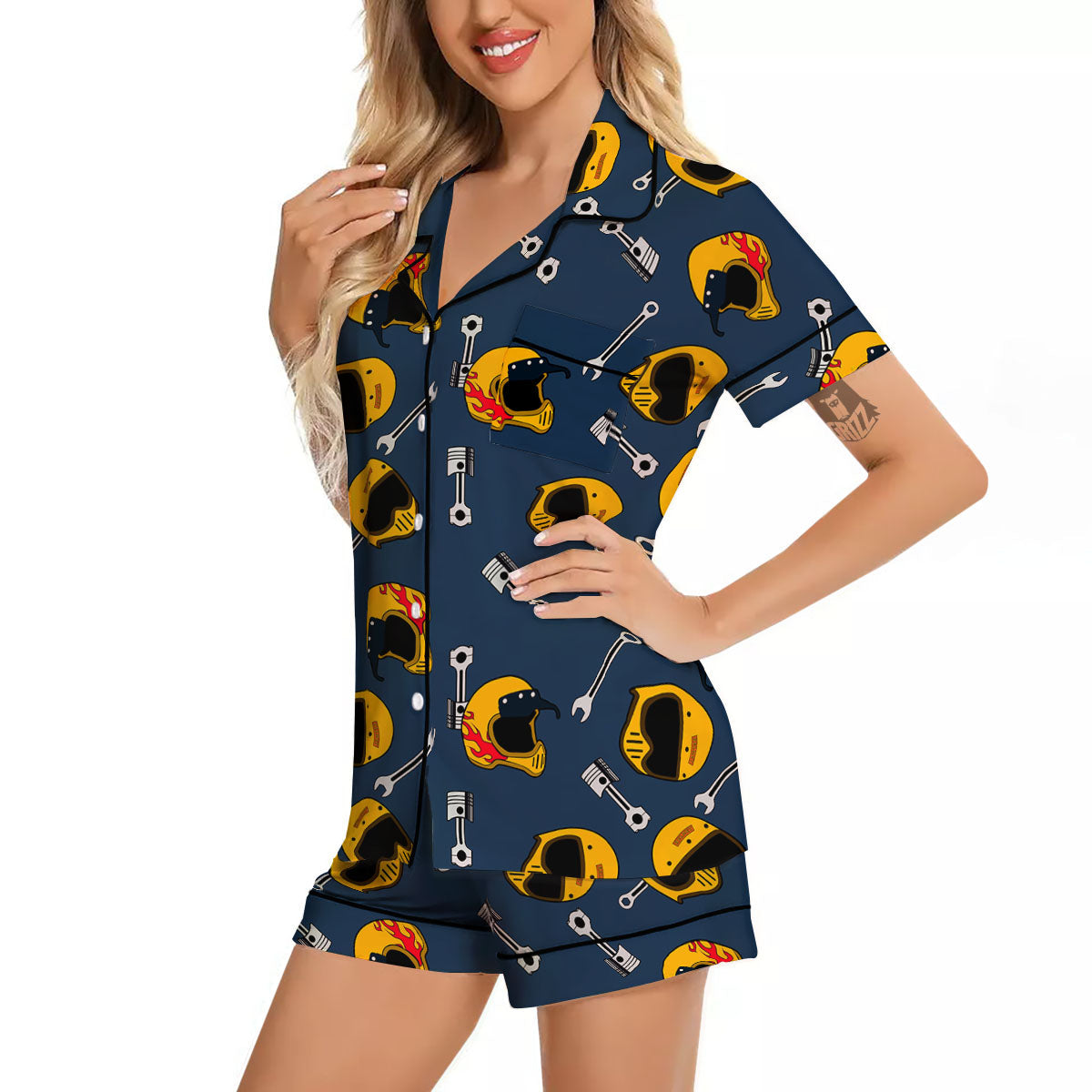 Equipment Motorcycle Print Pattern Women Silk Pajamas-grizzshop