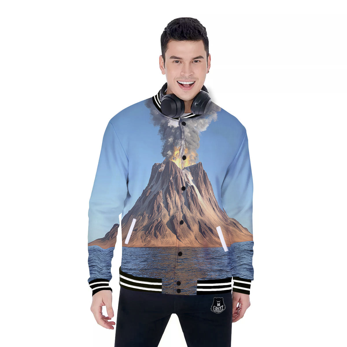 Eruption Volcano Print Baseball Jacket-grizzshop