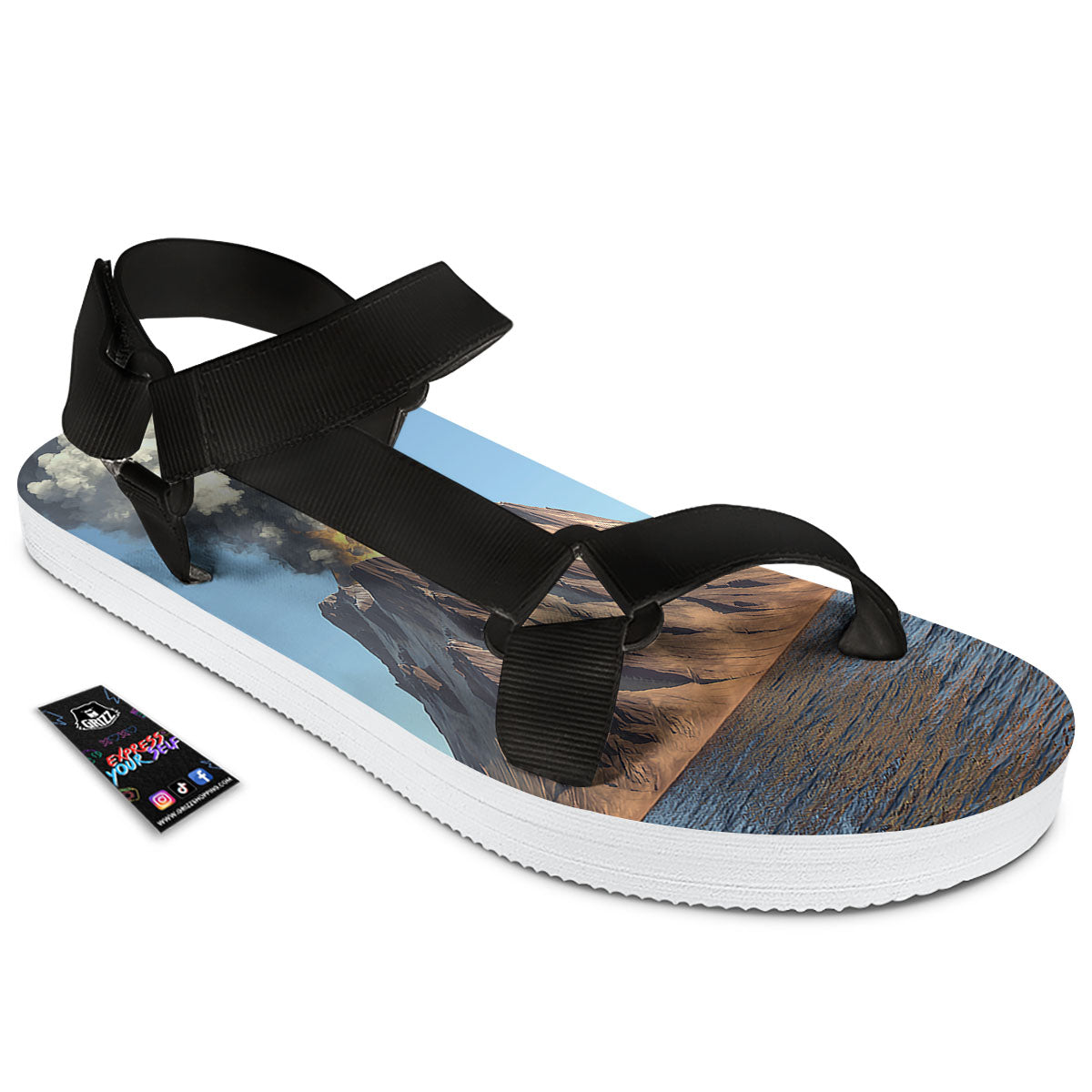 Eruption Volcano Print Black Open Toe Sandals-grizzshop