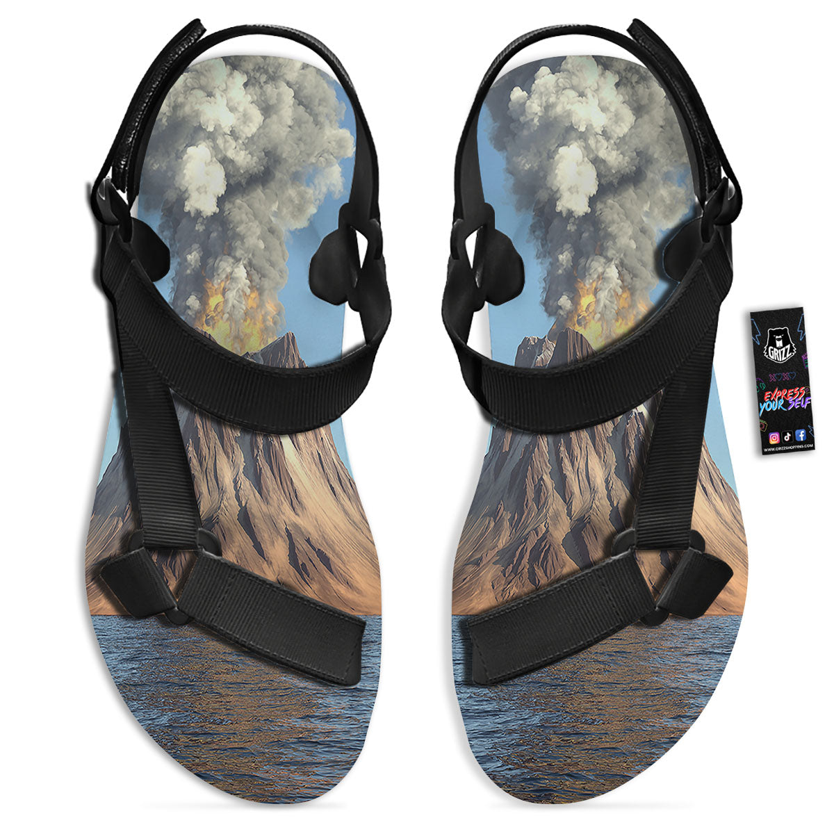 Eruption Volcano Print Black Open Toe Sandals-grizzshop