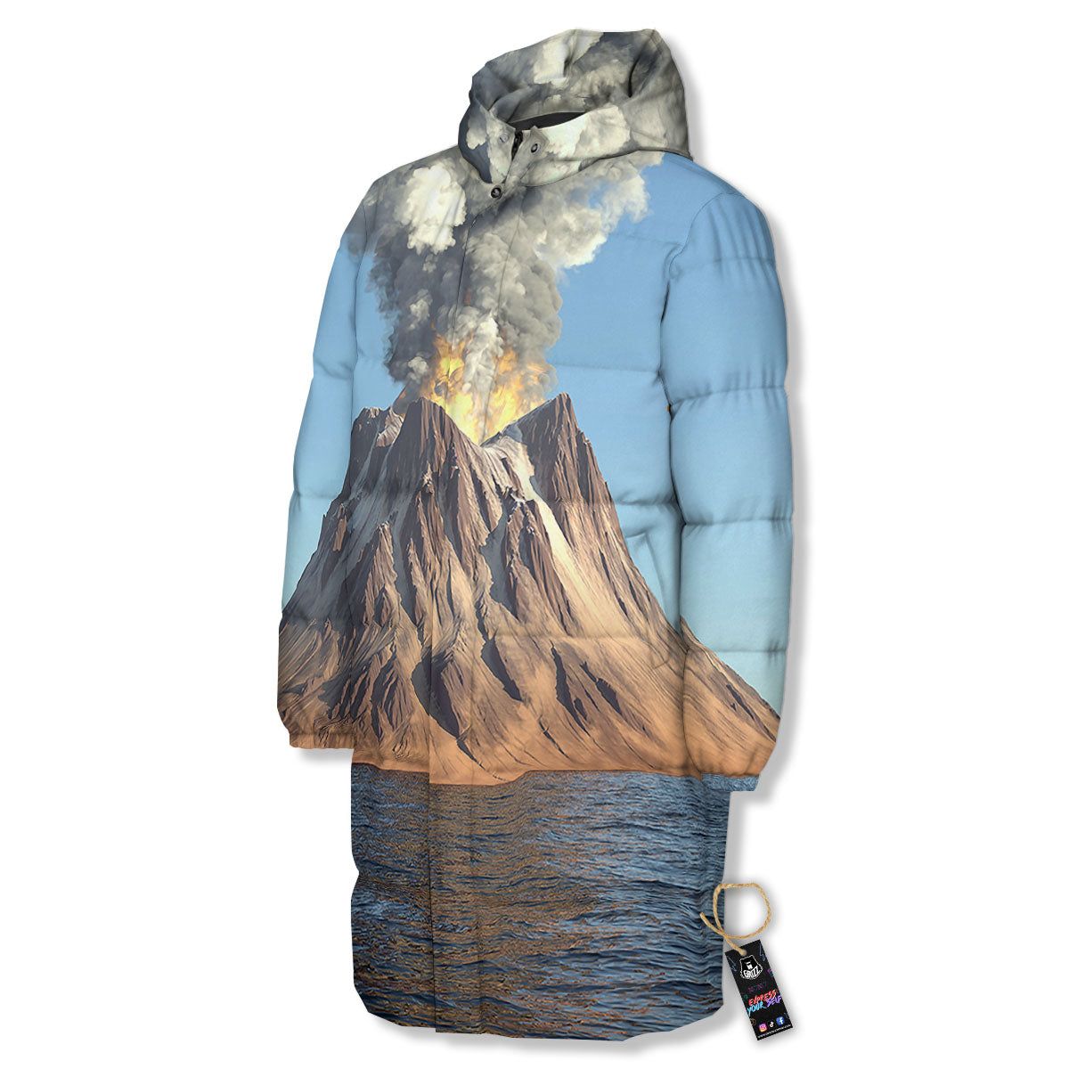 Eruption Volcano Print Long Down Jacket-grizzshop