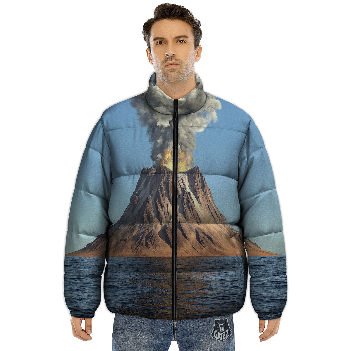 Eruption Volcano Print Puffer Jacket-grizzshop