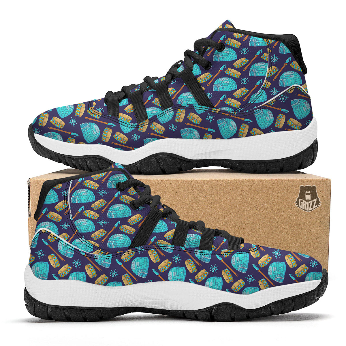 Eskimo Igloo Blue Print Pattern Black Bball Shoes-grizzshop