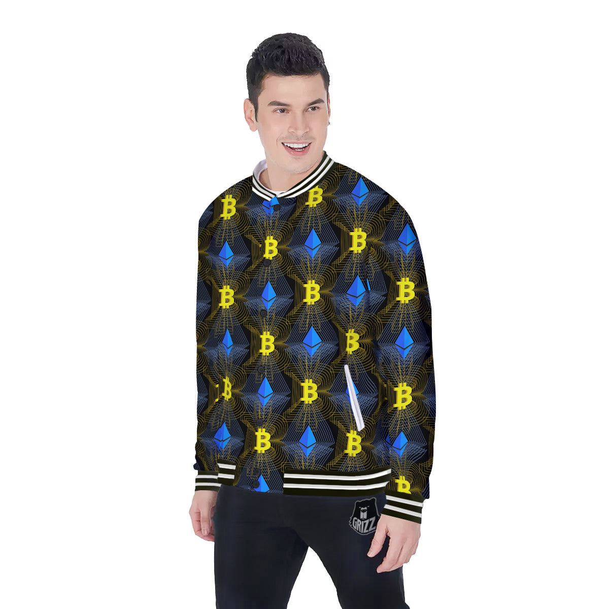 Ethereum And Bitcoin Print Pattern Baseball Jacket-grizzshop