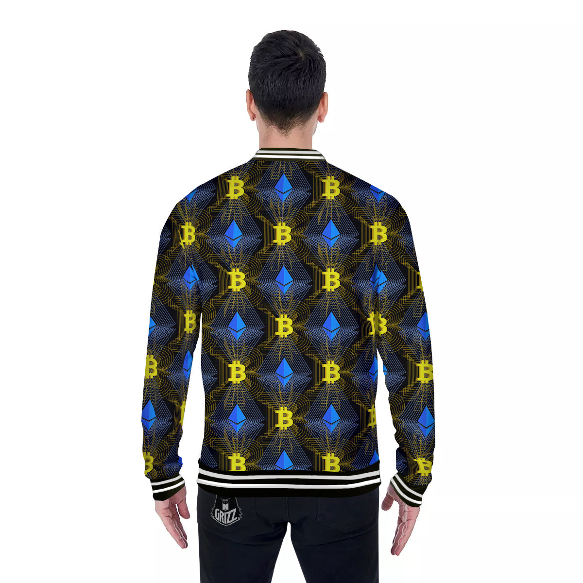Ethereum And Bitcoin Print Pattern Baseball Jacket-grizzshop
