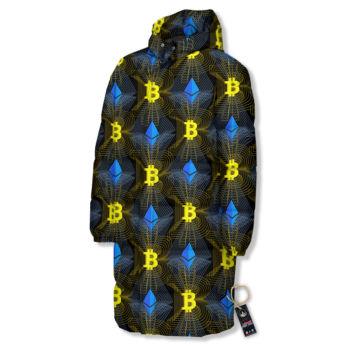 Ethereum And Bitcoin Print Pattern Long Down Jacket-grizzshop