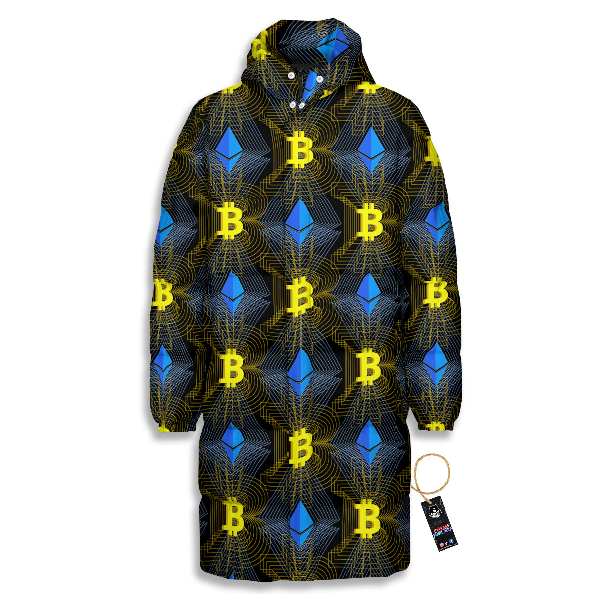Ethereum And Bitcoin Print Pattern Long Down Jacket-grizzshop