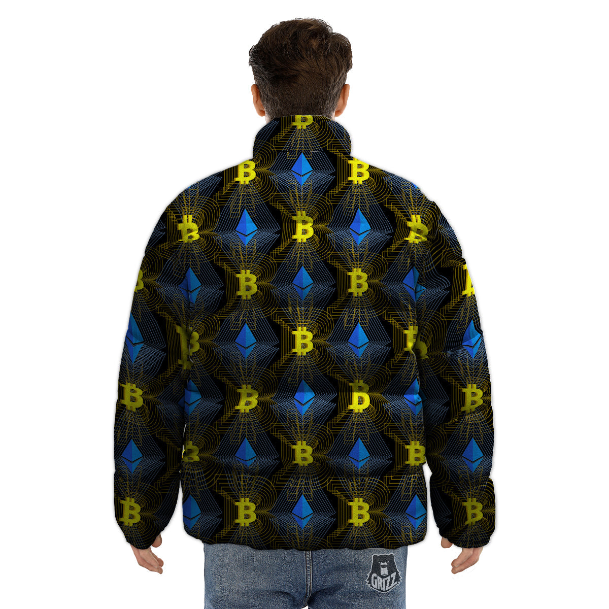 Ethereum And Bitcoin Print Pattern Puffer Jacket-grizzshop