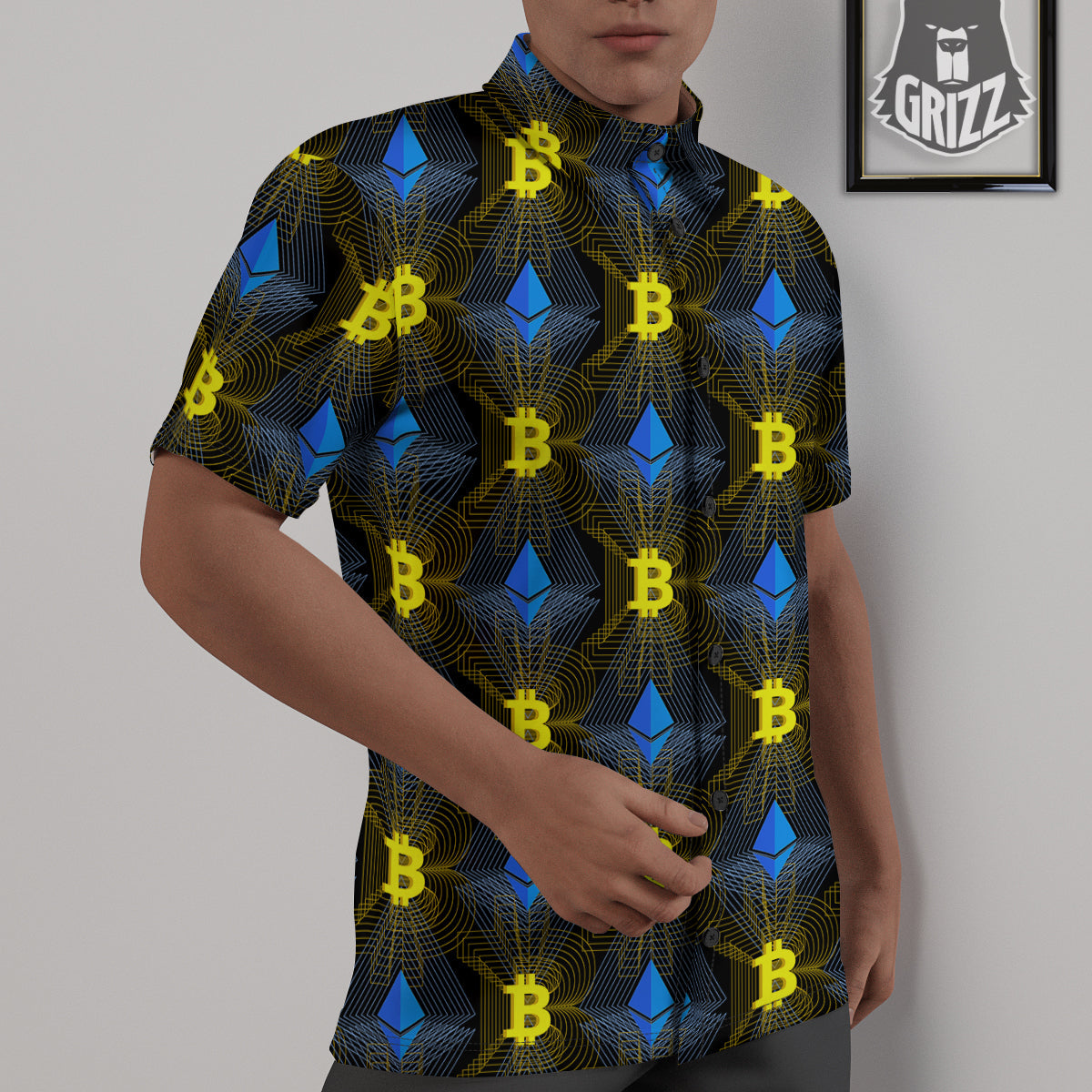 Ethereum And Bitcoin Print Pattern Untucked Shirts-grizzshop