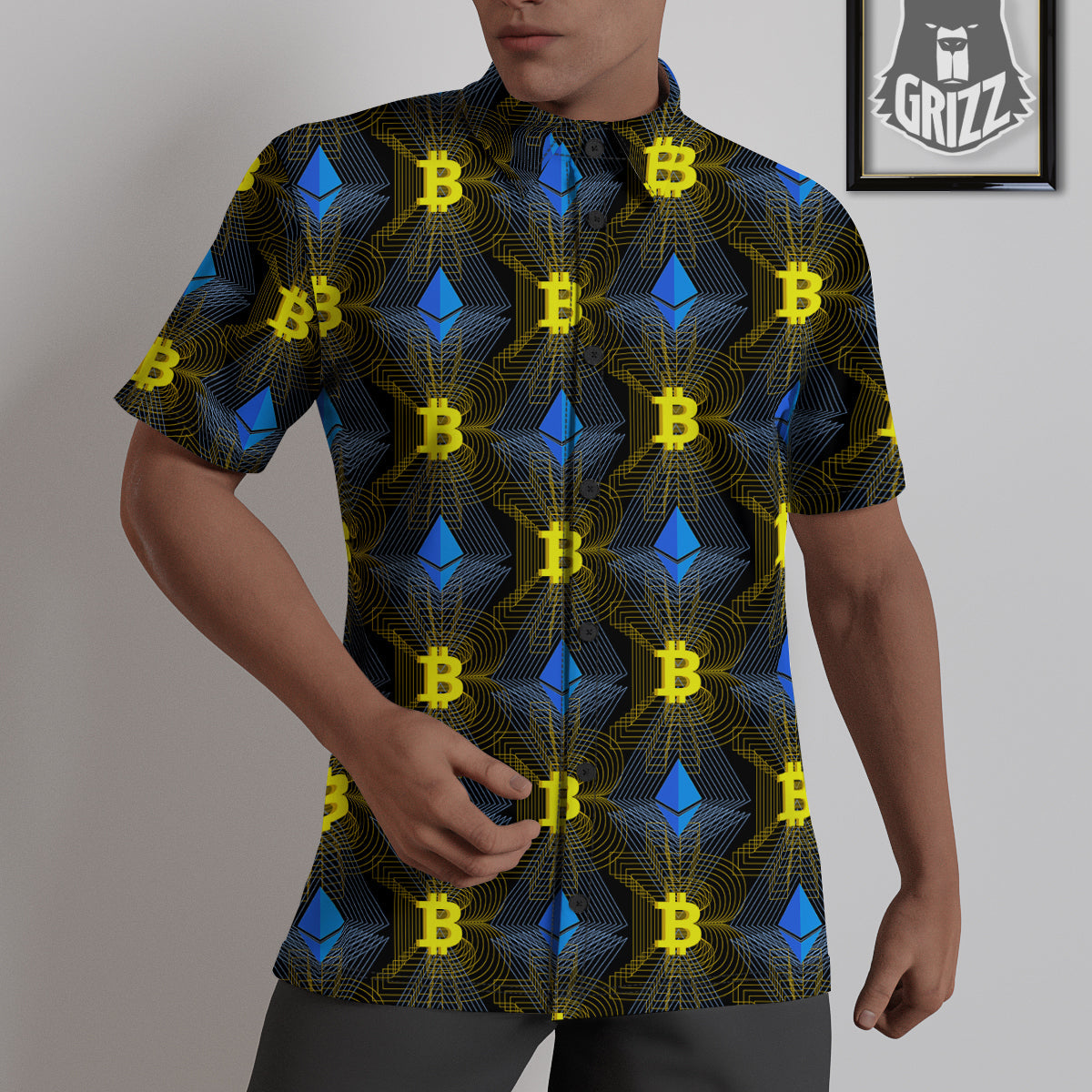 Ethereum And Bitcoin Print Pattern Untucked Shirts-grizzshop