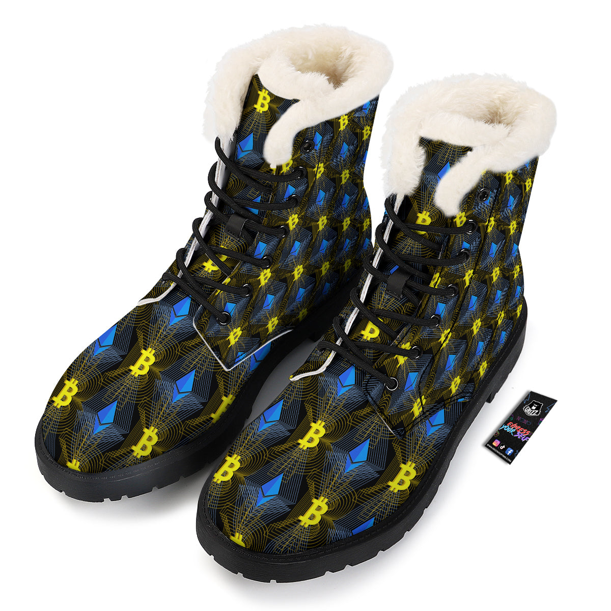 Ethereum And Bitcoin Print Pattern Winter Boots-grizzshop