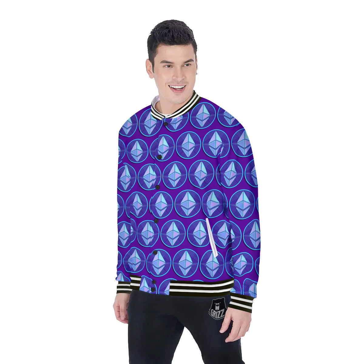 Ethereum Cryptocurrency Print Pattern Baseball Jacket-grizzshop
