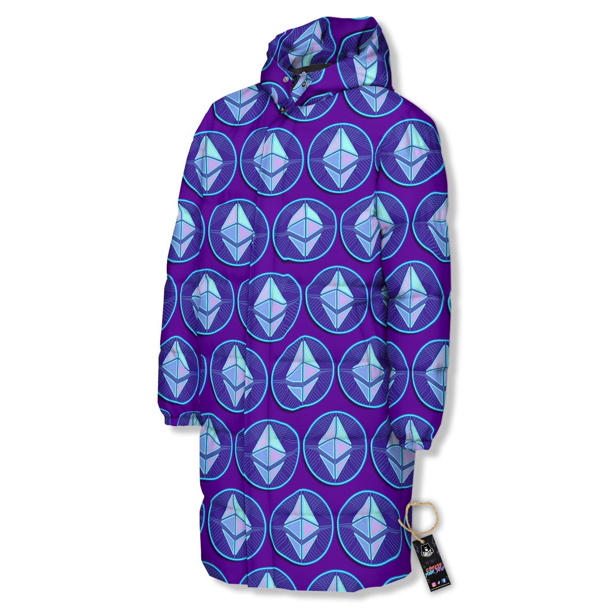 Ethereum Cryptocurrency Print Pattern Long Down Jacket-grizzshop