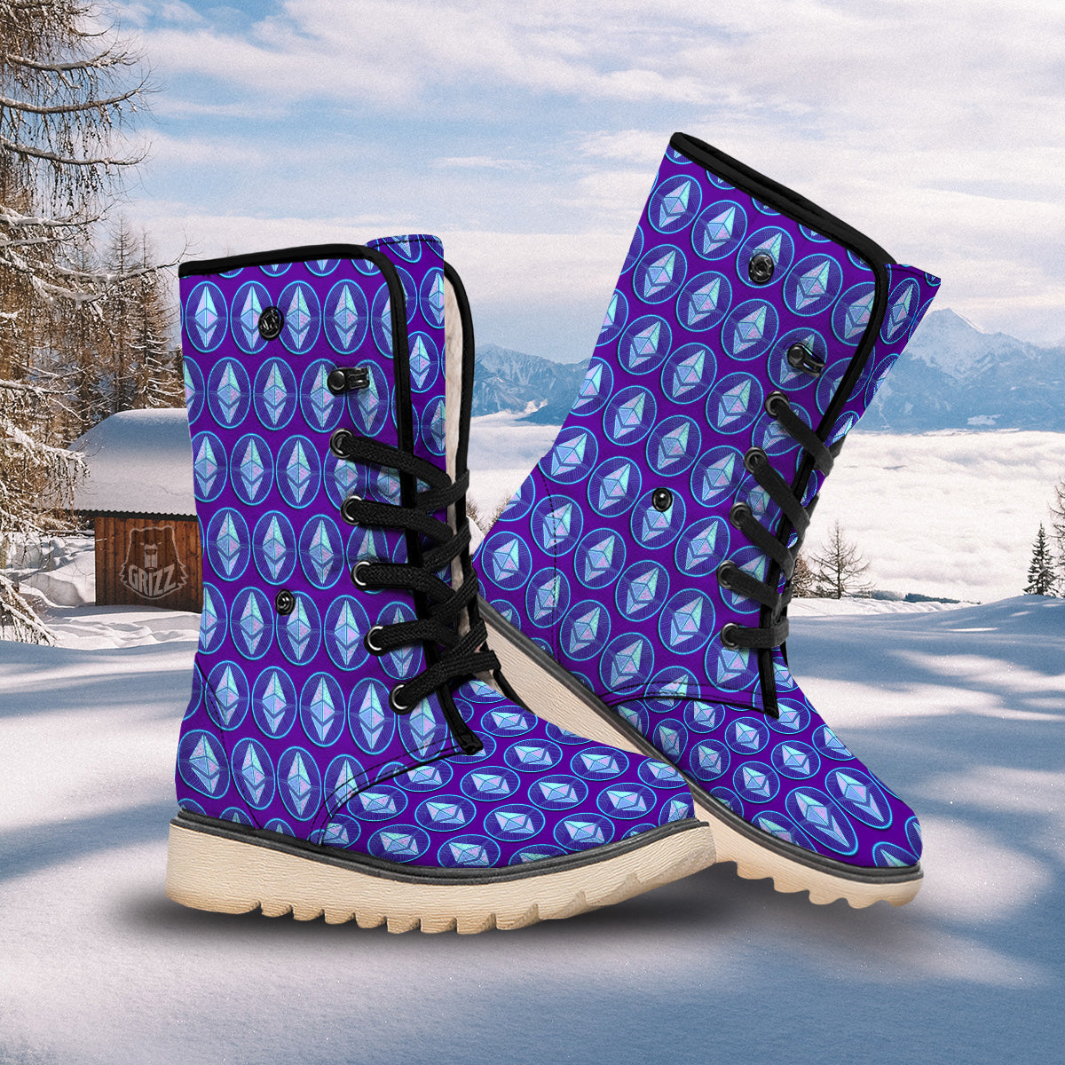 Ethereum Cryptocurrency Print Pattern Snow Boots-grizzshop
