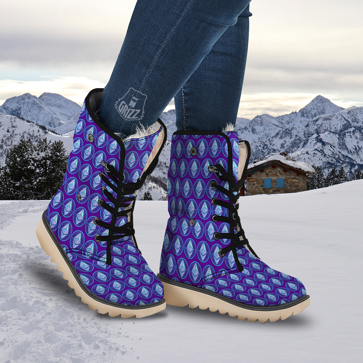 Ethereum Cryptocurrency Print Pattern Snow Boots-grizzshop