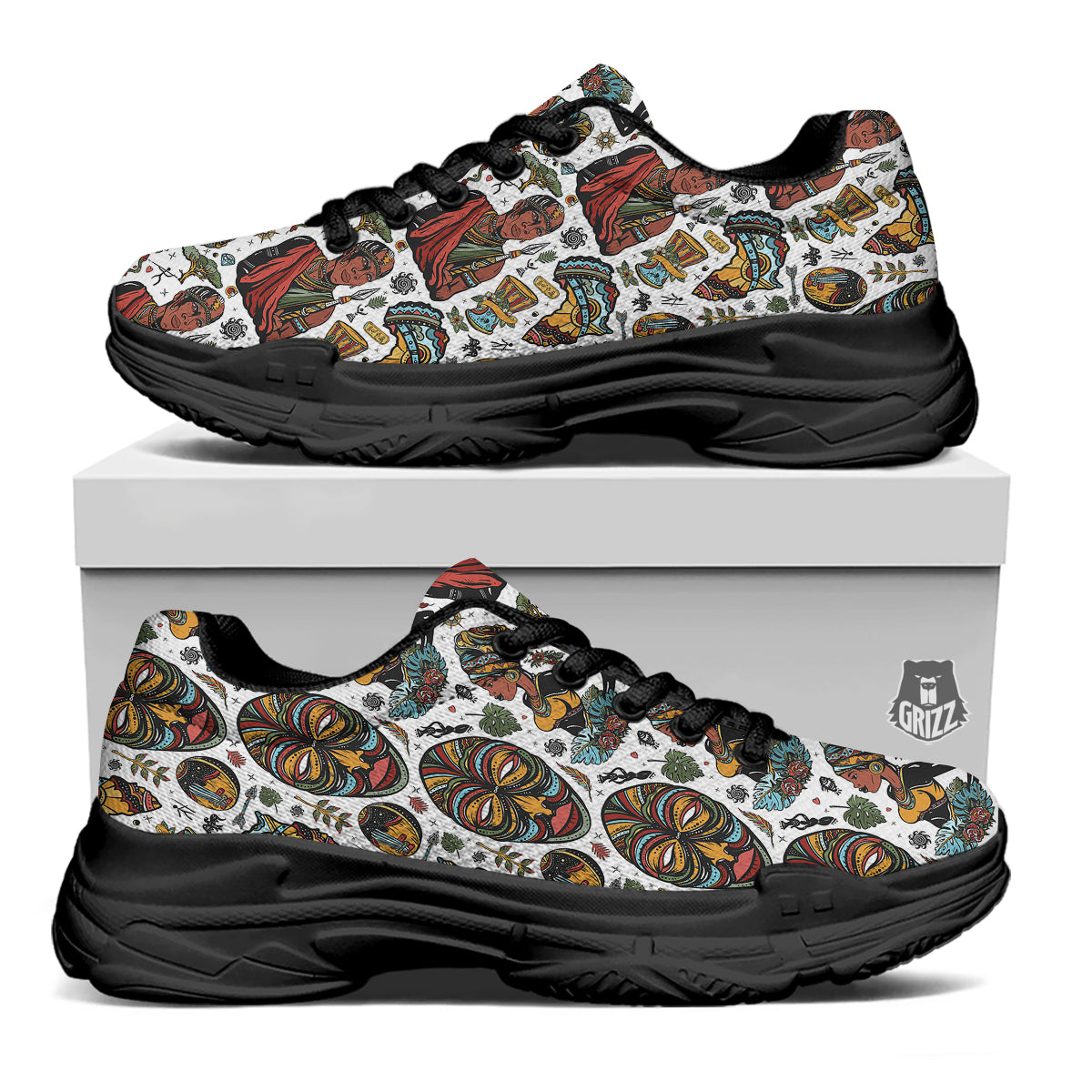 Ethnic Afro African Print Pattern Black Chunky Shoes-grizzshop