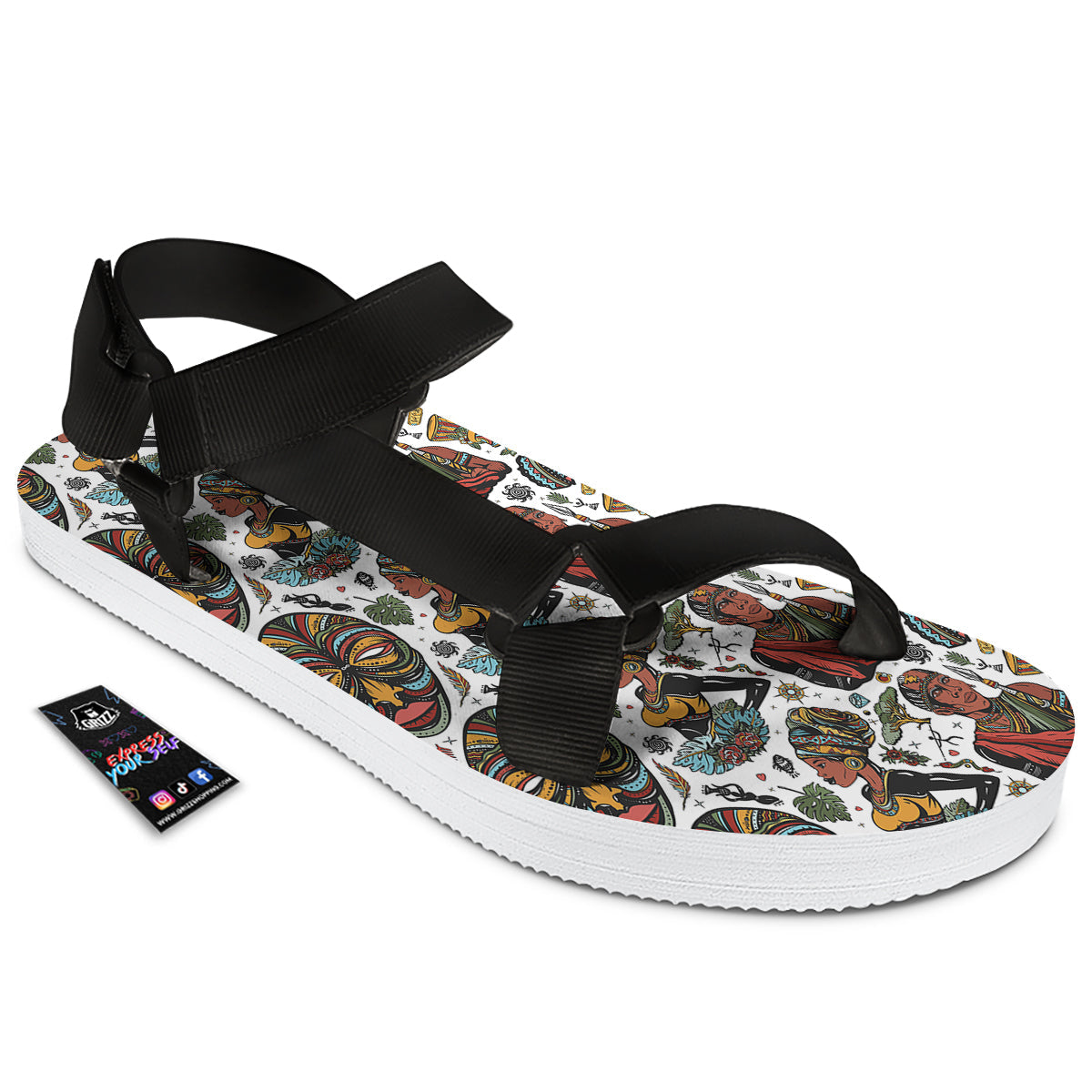 Ethnic Afro African Print Pattern Black Open Toe Sandals-grizzshop