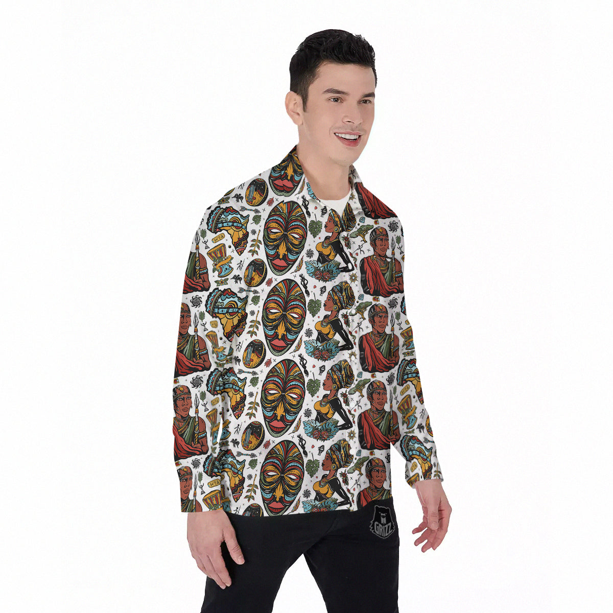 Ethnic Afro African Print Pattern Men's Long Sleeve Shirts-grizzshop