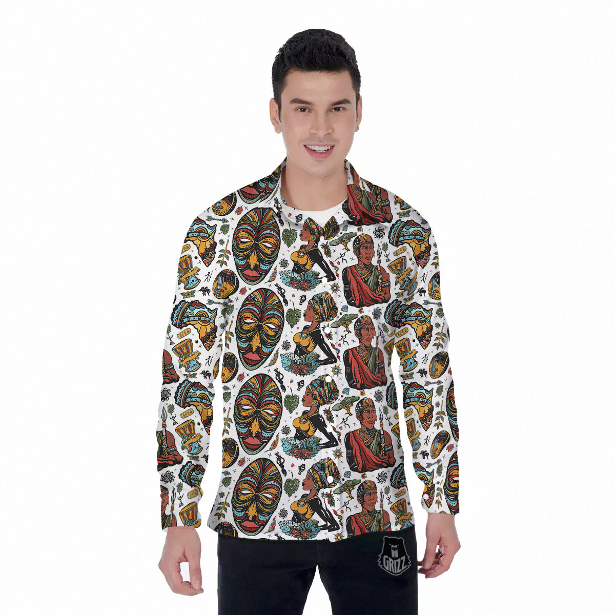 Ethnic Afro African Print Pattern Men's Long Sleeve Shirts-grizzshop