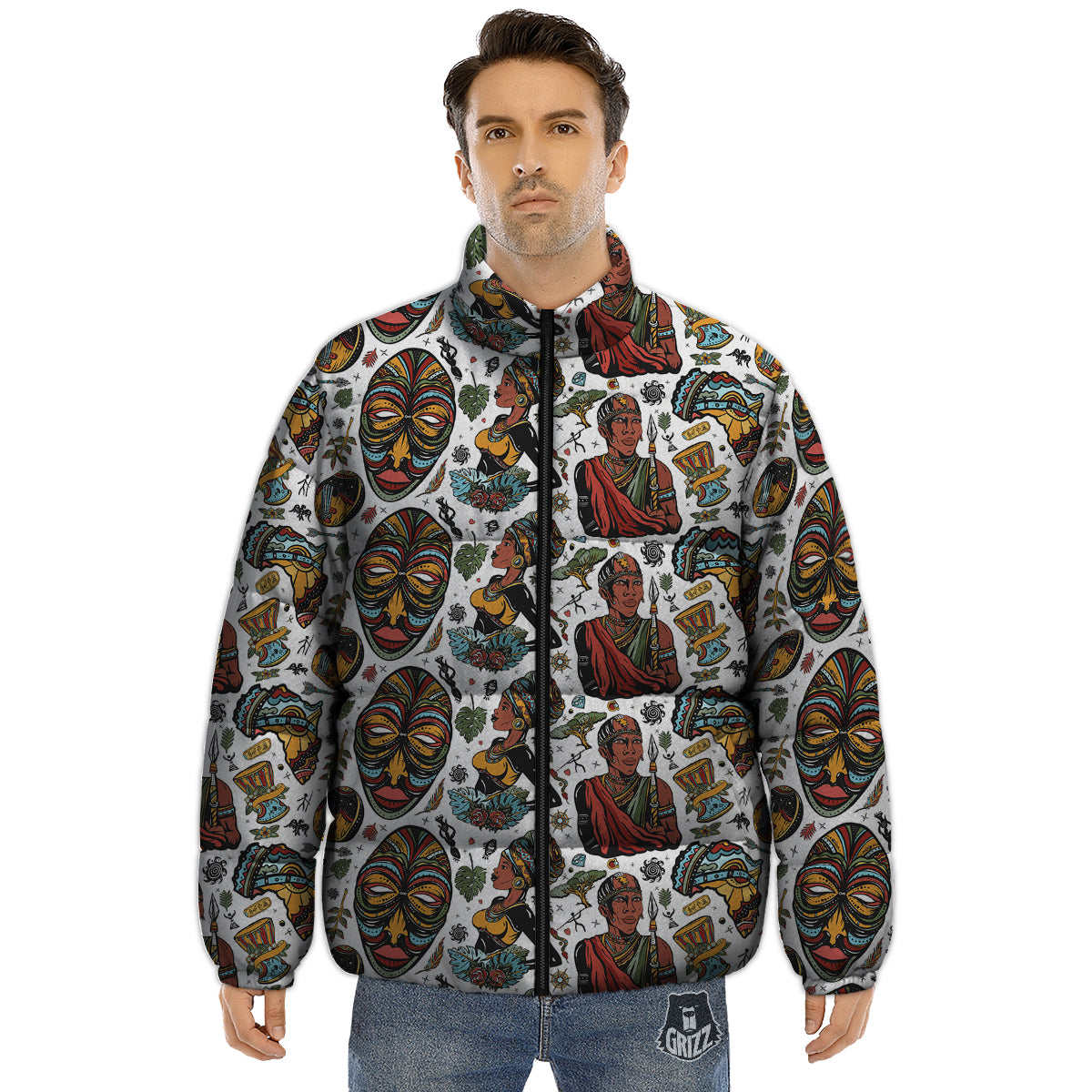 Ethnic Afro African Print Pattern Puffer Jacket-grizzshop