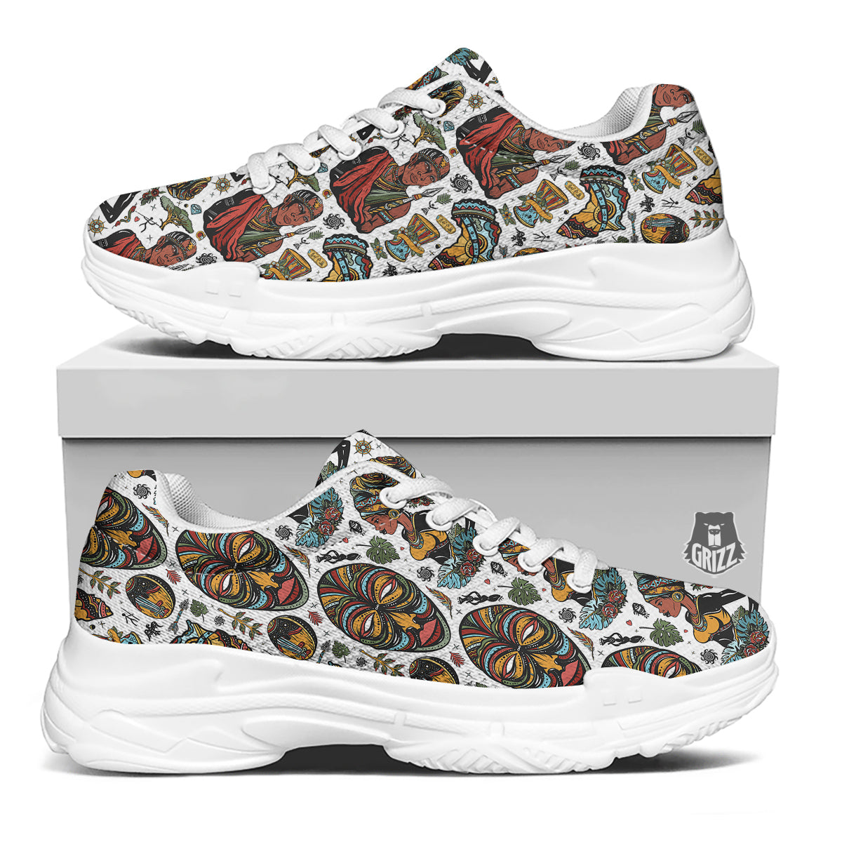 Ethnic Afro African Print Pattern White Chunky Shoes-grizzshop