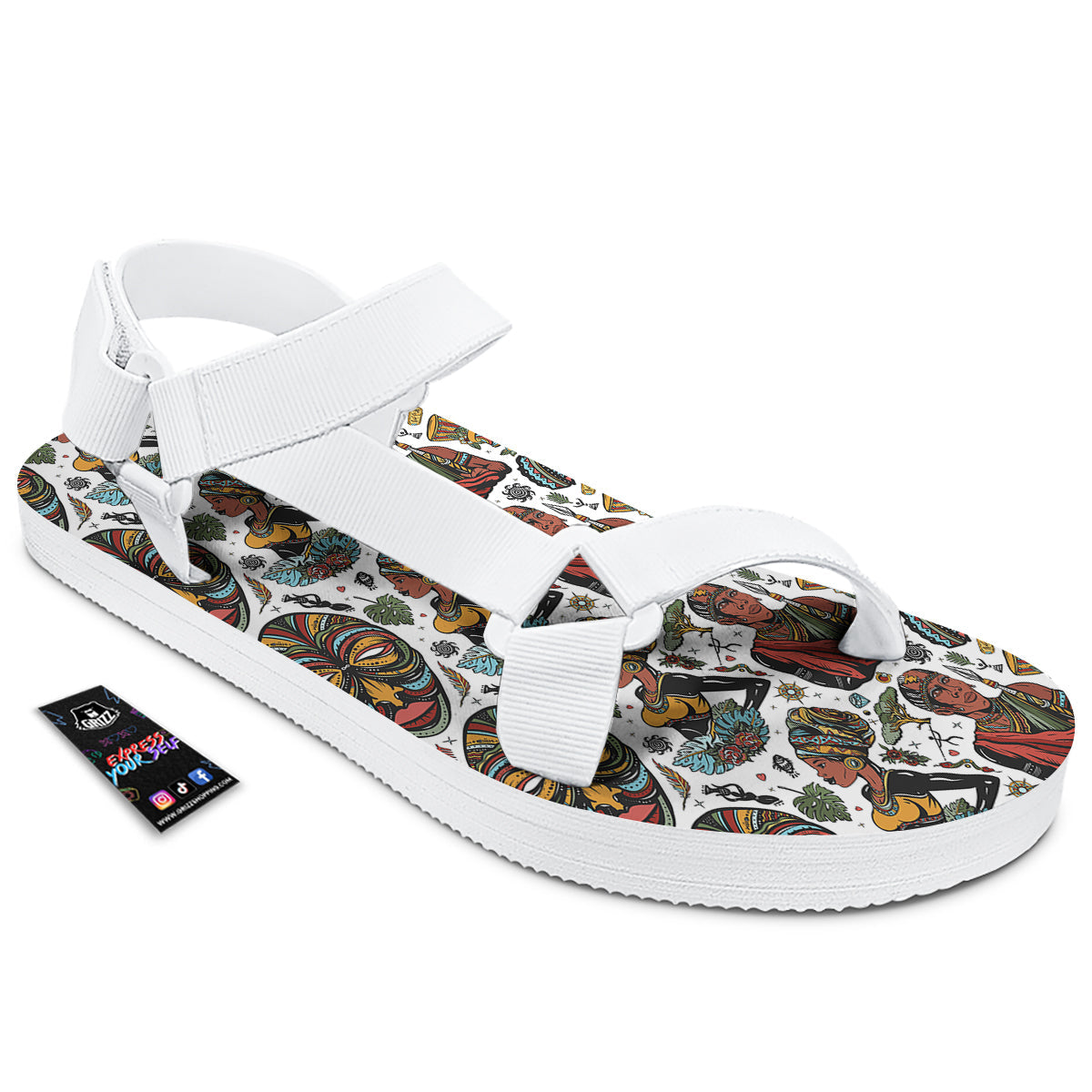 Ethnic Afro African Print Pattern White Open Toe Sandals-grizzshop