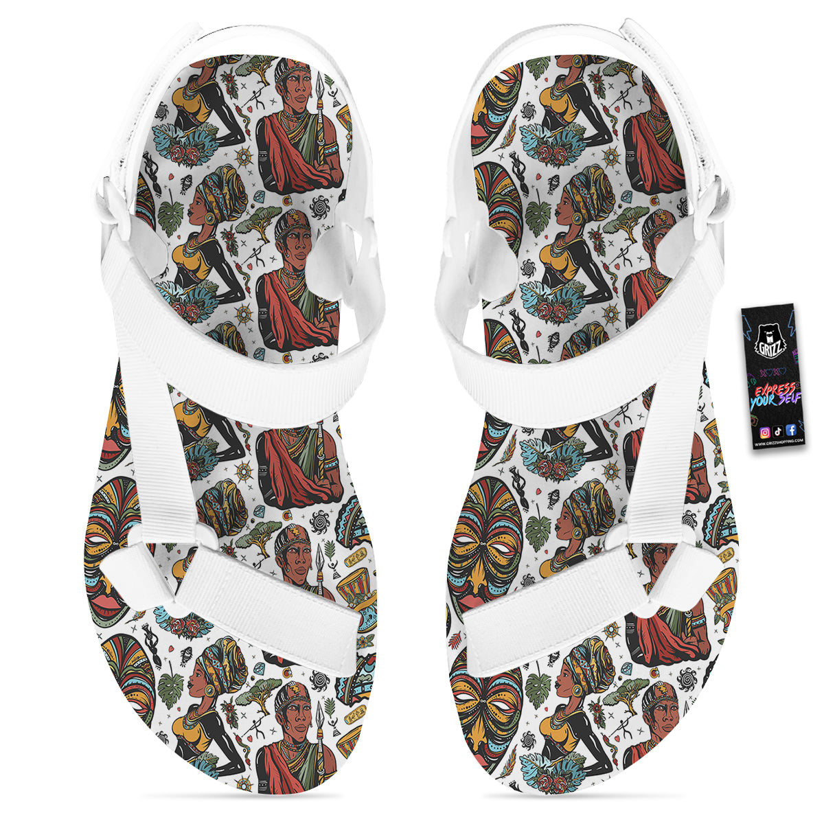 Ethnic Afro African Print Pattern White Open Toe Sandals-grizzshop