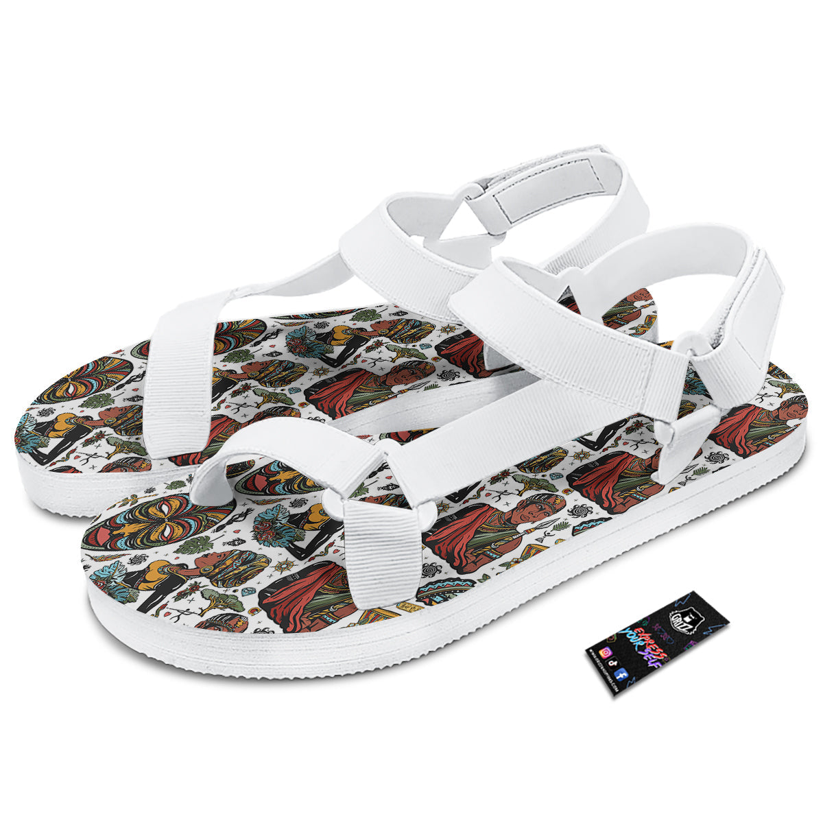 Ethnic Afro African Print Pattern White Open Toe Sandals-grizzshop