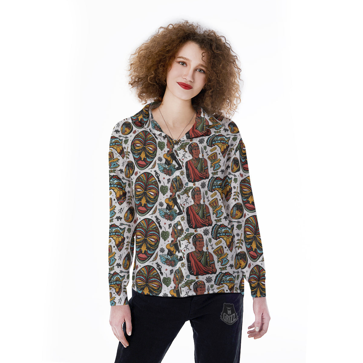 Ethnic Afro African Print Pattern Women's Long Sleeve Shirts-grizzshop
