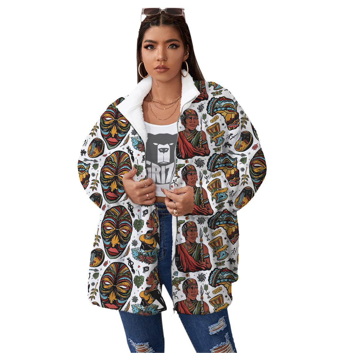 Ethnic Afro African Print Pattern Women's Sherpa Jacket-grizzshop