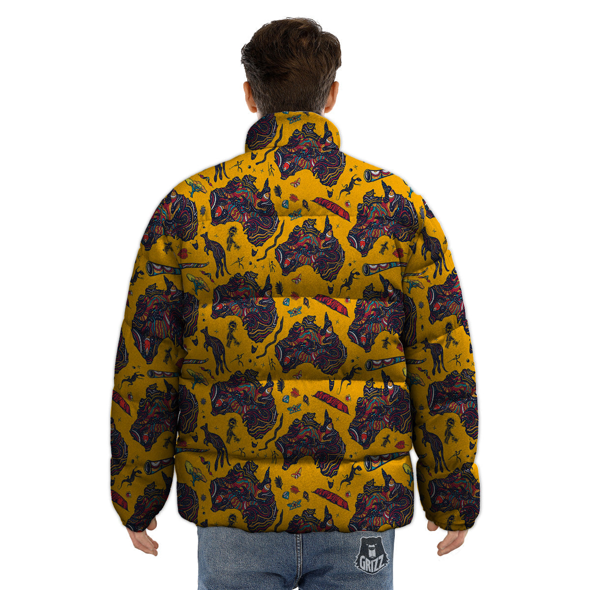 Ethnic Australian Map Tattoo Print Pattern Puffer Jacket-grizzshop