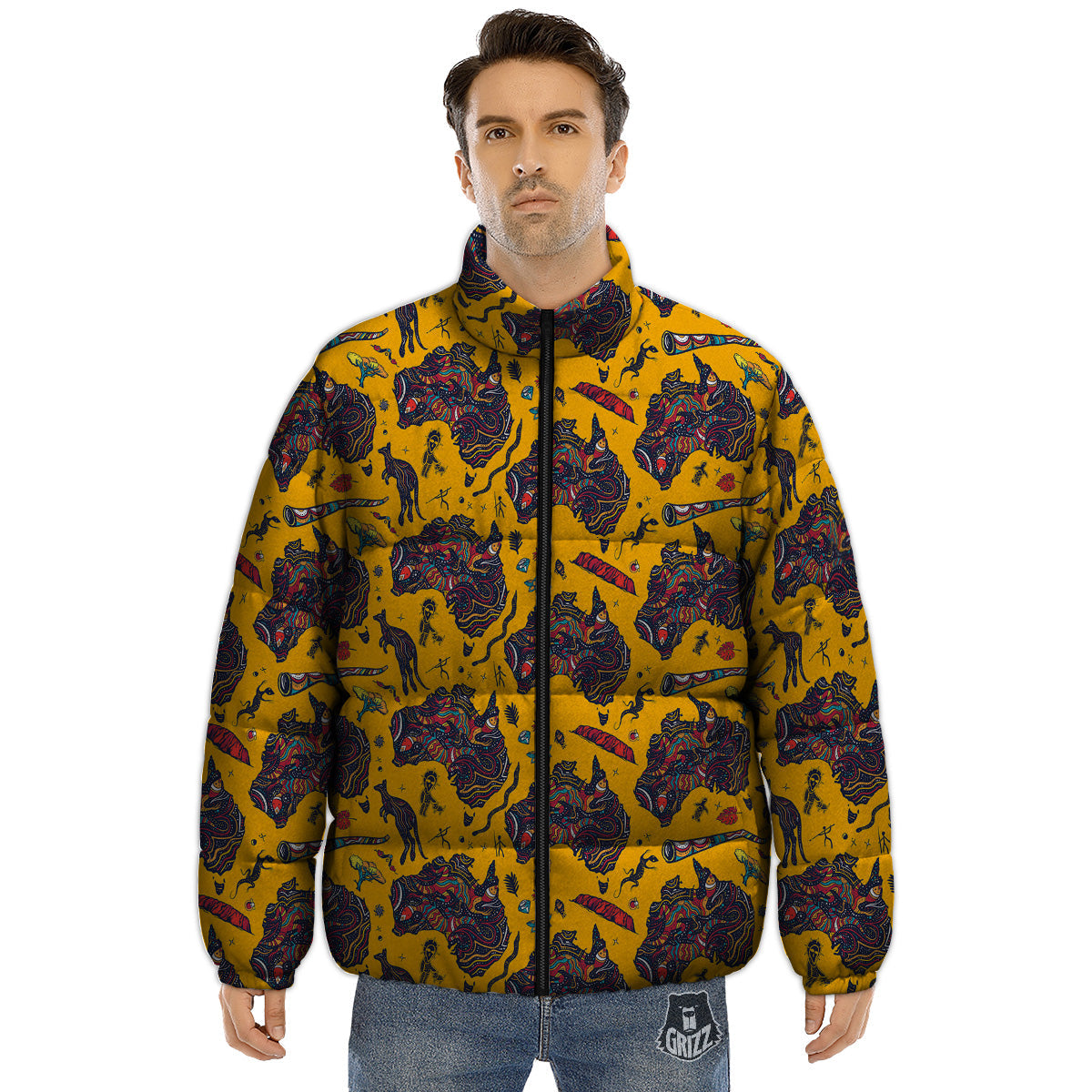 Ethnic Australian Map Tattoo Print Pattern Puffer Jacket-grizzshop