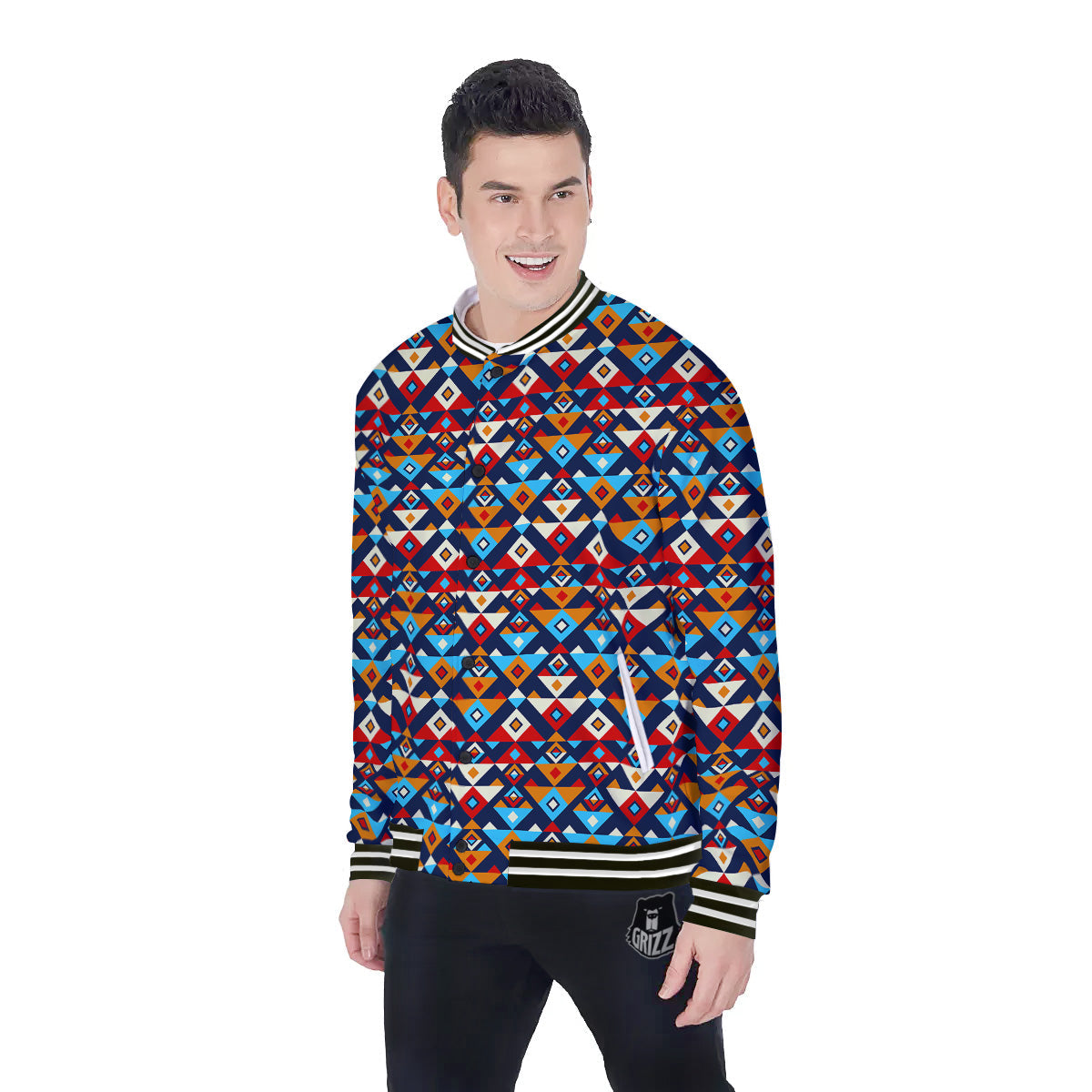 Ethnic Boho Colorful Print Pattern Baseball Jacket-grizzshop